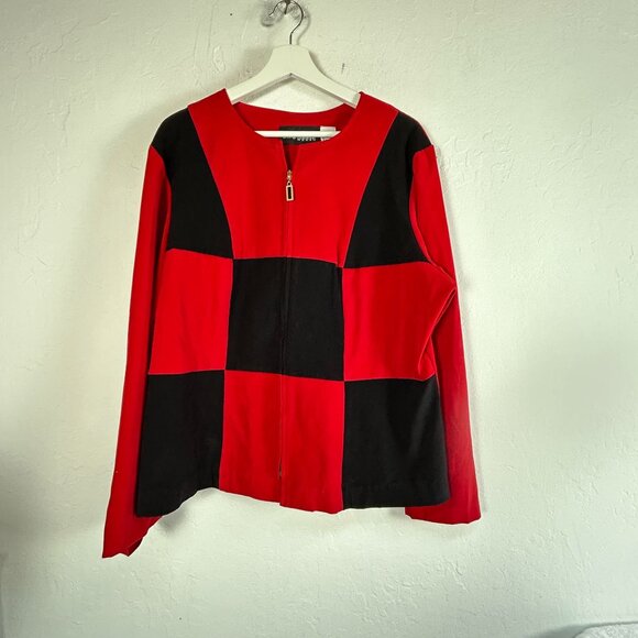 Vintage Sag Harbor Womens Checkerboard Zip Front Jacket 16W Red Black Stretch - Picture 1 of 7